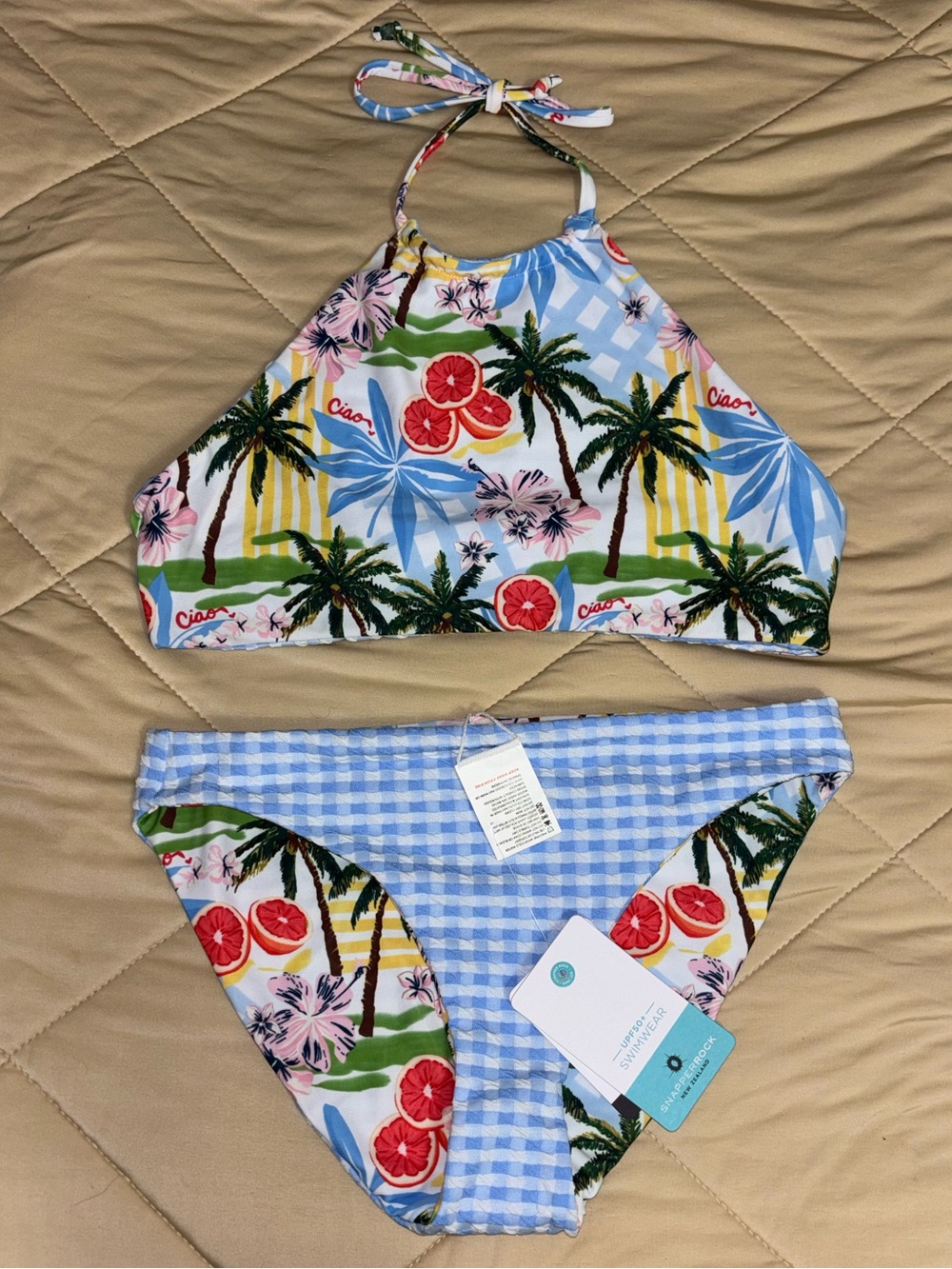 NWT Snapper Rock Kids Tropical Reversible Halter Bikini Ciao Paradisio Size 14